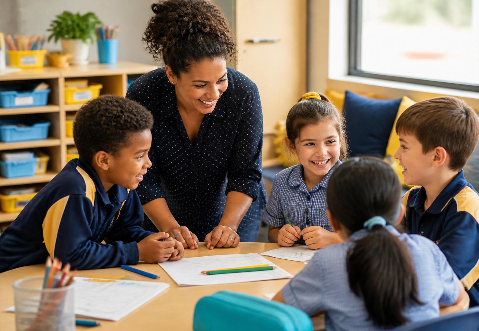 Diverse primary school students engaged in a positive collaborative activity with a teacher