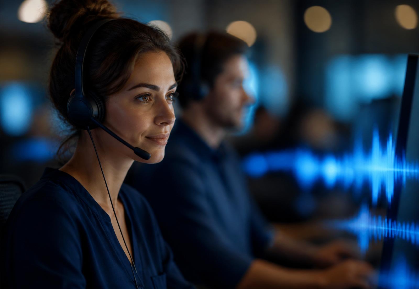 Modern customer contact centre with headset agents and analytics displays