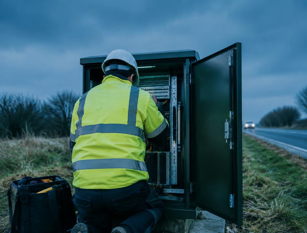 Field engineer working on a roadside network cabinet