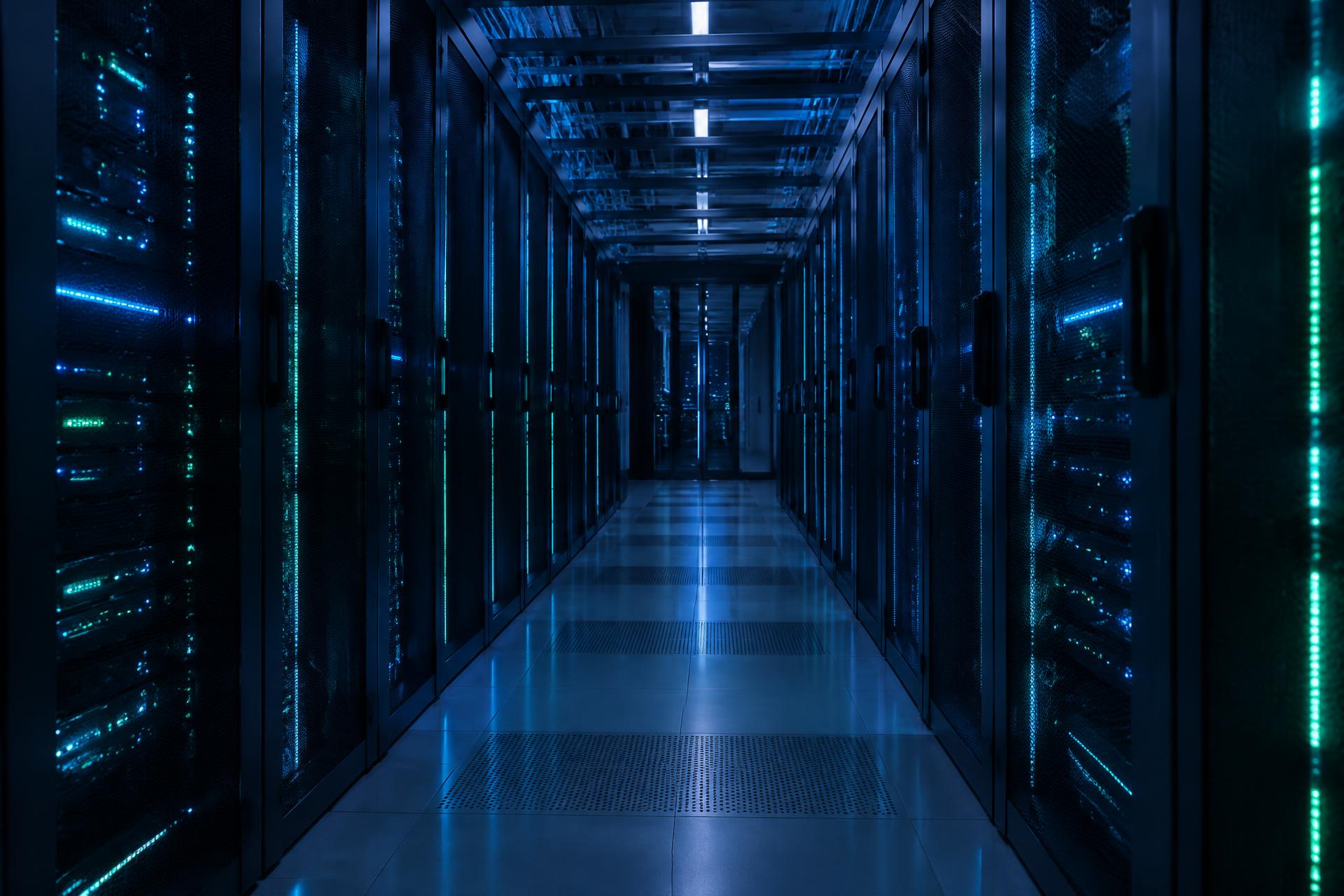 Data centre aisle lit in deep blue