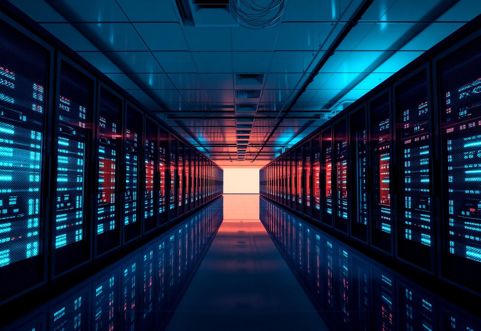 Illuminated secure data centre corridor with server racks